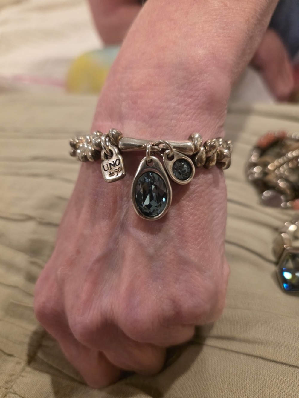 UNO de 50 Silver Bracelet with Smoke Teardrop and Round Crystal Charms